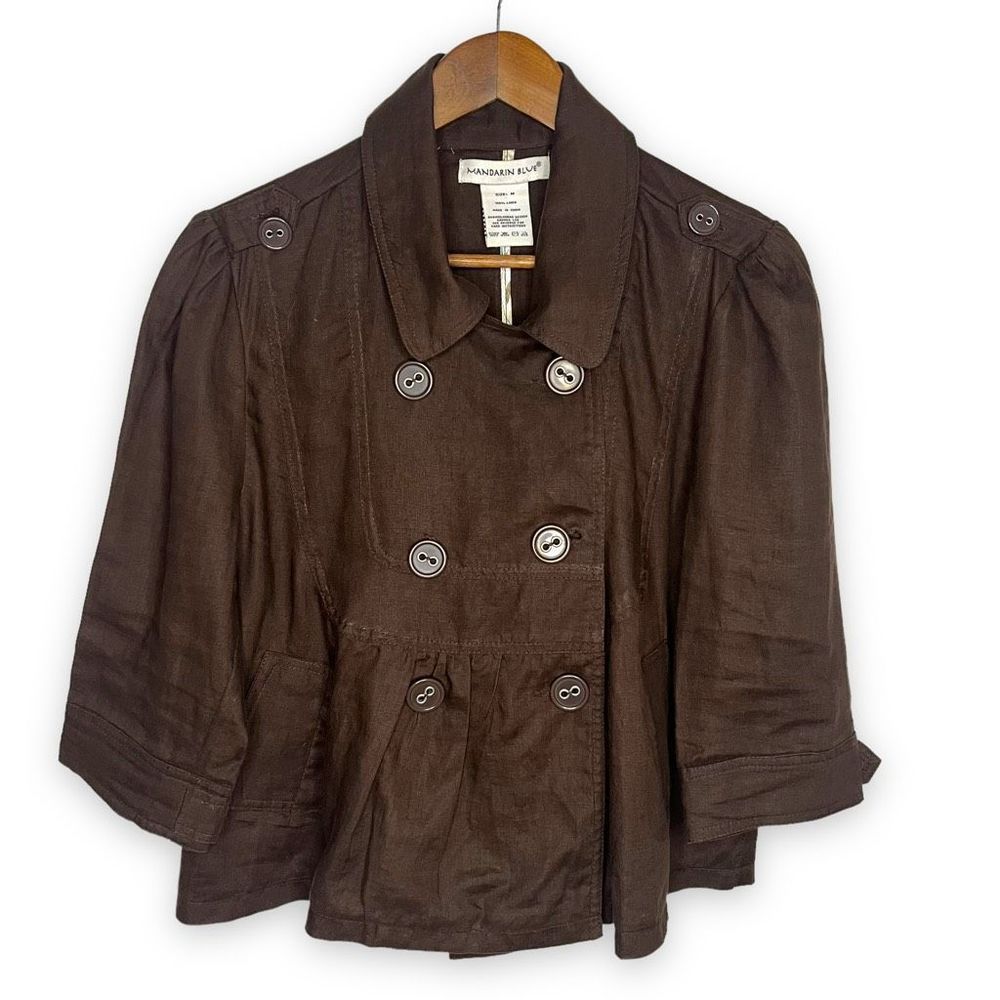 Mandarin Blue Linen Double-Breasted Tab Shoulder Collared Neckline‎ Coat Medium
